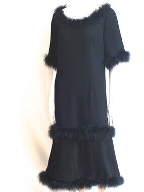 1970's Drop Waist Dress With Feathered Trim - No Labels